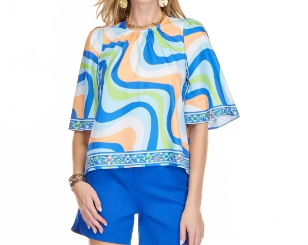 NEW JADE the linna wavely border bell sleeve top in blue